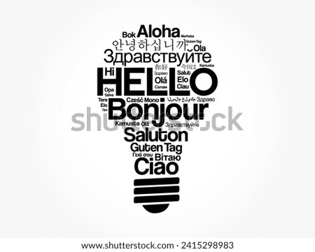 Hello word cloud in different languages of the world in shape of light bulb, concept background
