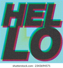 HELLO word CMYK colors overlap transparent with riso print effect vector illustration on light blue background.