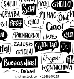 Hello word in different languages. French, spanish, japanese, chinese, hungarian. Bonjur, salut, hola, ni hao, konnichiwa, aloha, hi... words in speech bubbles. Seamless pattern.