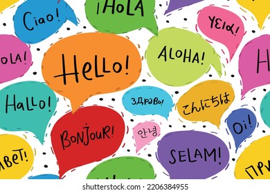 Hello word in international languages with speech bubble drawings. Seamless pattern repeating texture background design. Vector illustration for prints, and graphics.