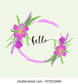 Hello word with modern hand writing calligraphic with pink flower bouquet in watercolor painting  in vector format. This concept design for card, banner or advertising