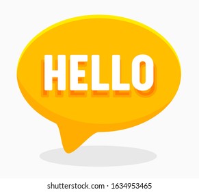 Hello Word on English Language in Yellow Speech Bubble Isolated on White Background. Translation Agency Service or Education Courses Poster Banner Flyer Brochure. Cartoon Flat Vector Illustration