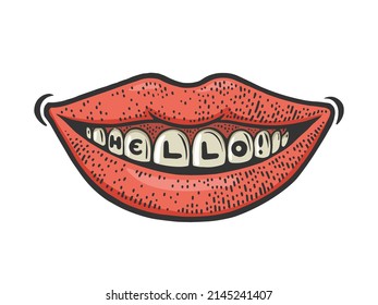 Hello word on teeth color sketch engraving vector illustration. T-shirt apparel print design. Scratch board imitation. Black and white hand drawn image.