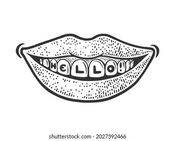 Hola palabra sobre el esbozo de dientes grabando ilustración vectorial. Diseño de impresión de ropa de camiseta. Imitación de tablero de raquetas. Imagen dibujada a mano en blanco y negro.