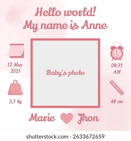 Hello world baby foto frame com espaço para detalhes de nascimento em um design de cartaz de berçário rosa para o anúncio ou decoração de menina recém-nascida