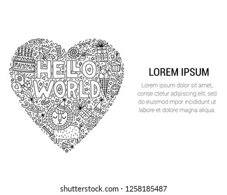 Hello world! Cute doodle illustration with lettering. Place for your text