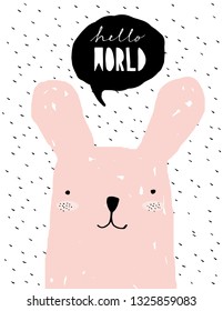 Hello World - Funny Baby Shower Vector Illustration. Simple Sweet Nursery Art. Pink Sweet Bunny and Black Bubble Speech Isolated on a White Background.  Lovely Room Decoration for Baby Girl. 