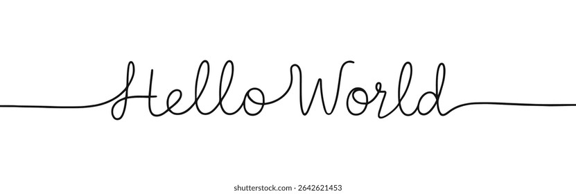 Hello World inscription continuous one line drawing with word. Minimalistic drawing of phrase illustration.