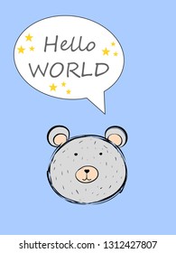 Hello world message with cute teddy bear on the blue background.  Baby boy shower party, new born baby 