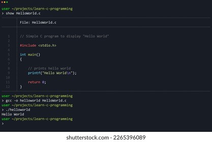 Hello World Simple C Program. C Programming Language in Terminal. Unix Command Line Background.