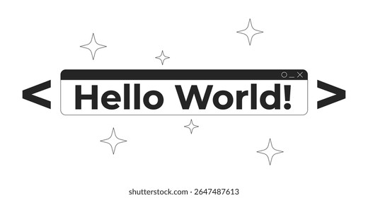 Banner de codificação de texto Hello world em objetos de linha 2D com cintilantes e colchetes de código. Ponto inicial icônico no item de contorno de tinta de vetor clipart isolado da frase de programação. Ilustração de ponto monocromático