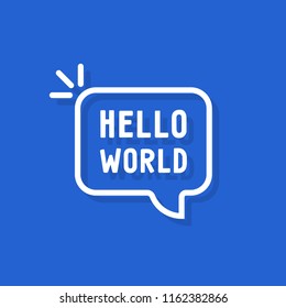 hello world text in speech bubble. concept of simple text for greeting card or postcard. flat cartoon style trend modern minimal linear logotype graphic art design isolated on blue background