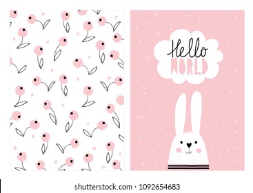 Hello World Vector Card and Pattern. White Hand Drawn Baby Rabbit. Baby Shower Vector Illustration Set. White Cloud on a Pink Background. Pink Blueberries on a White Background. Lovely Nursery Art. 