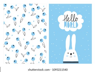 Hello World, White Cute Rabbit. Hand Drawn Baby Shower Vector Illustration Set. White Speech Bubble, Blue Backround. Blueberries, White Background.