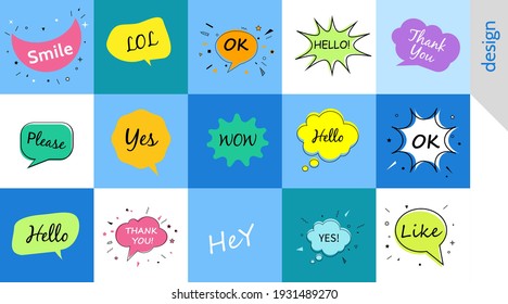 Hello wow ok yes, Speech bubbles with dialog words Vector bubbles speech illustration Thinking and speaking clouds