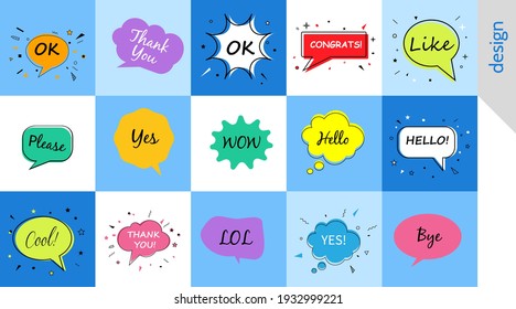 Hello wow ok yes, Speech bubbles with dialog words Vector bubbles speech illustration Thinking and speaking clouds