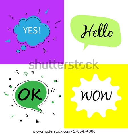 Hello wow ok  yes, Speech bubbles with dialog words Vector bubbles speech illustration pink  Thinking and speaking clouds