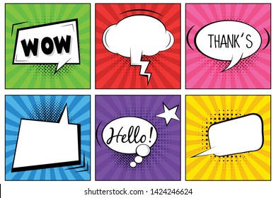 Hello! WOW! Thank's! Comic speech bubbles. Pop art vector label illustration. Vintage comics book poster on bright background. Colored funny font. 