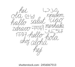 Hello write calligraphy word, continuous line drawing. Greeting on different language. Vector illustration