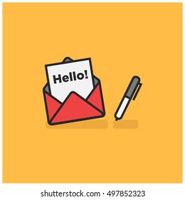 'Hello' Written Inside An Envelope Letter With Pen On Side (Line Icon in Flat Style Vector Illustration Design)