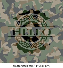 Hello written on a camo texture. Vector Illustration. Detailed.