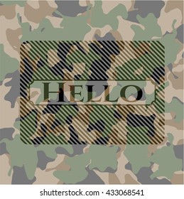 Hello written on a camo texture