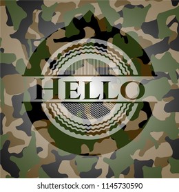 Hello written on a camouflage texture