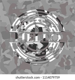Hello written on a grey camouflage texture