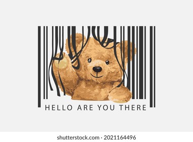 hello are you there slogan with bear doll in barcode curtain vector illustration