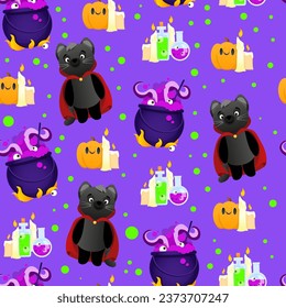 Hellomon seamless pattern of black cats, pumpkins and candles 