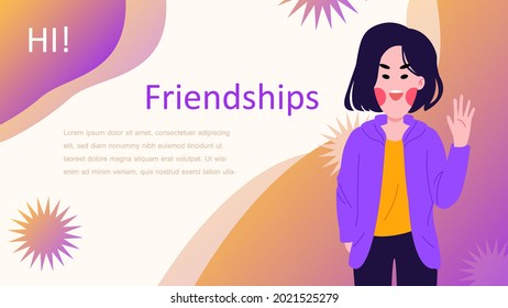 Hello-profile infographic card with copy space,woman short hair wear purple jacket and yellow shirt rising a hand with orange layered wave on white background,introduce yourself,information and text.