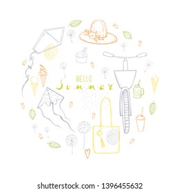 Hellor summer. Vector sketch illustration with bike and kites