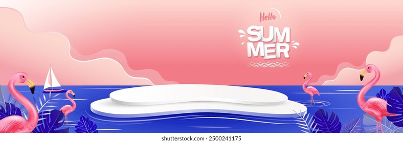 Hellow summer beach banner background with flamingo birds and stage podium for products display, vector design 