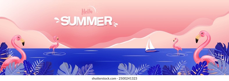 Hellow summer beach banner background with flamingo birds, vector design 