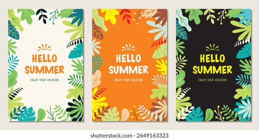 Hellow summer set of frame template tropical leaves, plants and herbs background in madern flat style for cards, posters, banners