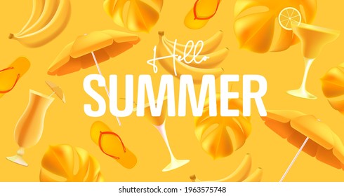 Hellow summer yellow mono color poster with yellow object like cocktails, sun unbrella and palm leaves with flop flops. 3d graphic