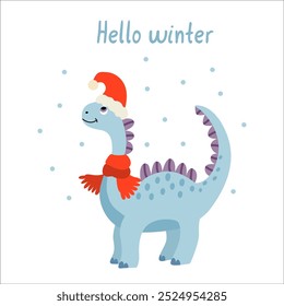 Hellow winter card with a little blue dinosaur and snow. Vector flat illustration and hand drawn lettering. Christmas design.