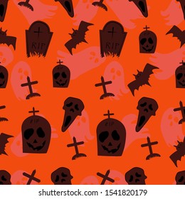 Helloween 2019 headstone bat and cute RIP rest in peace stone seamless vector pattern dark  background and white scarey face