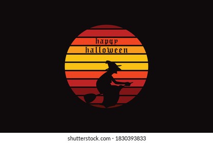 helloween backround, a flying witch type logo with a retro background.