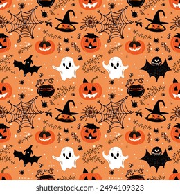  Helloween decorations, witch hat, broom, skull, lollipops, eyes, bones, fly agarics on white background. Hellowen seamless pattern. Watercolor hand drawn endless texture.