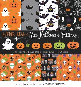  Helloween decorations, witch hat, broom, skull, lollipops, eyes, bones, fly agarics on white background. Hellowen seamless pattern. Watercolor hand drawn endless texture.