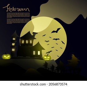 Helloween design illustration with castle and pumpkin head on scary theme. poster, banner, promotion event, vector EPS 10 