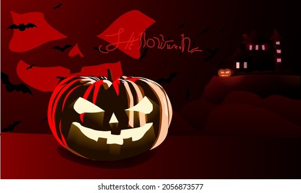 Helloween design illustration with castle and pumpkin head on scary theme. poster, banner, promotion event, vector EPS 10 