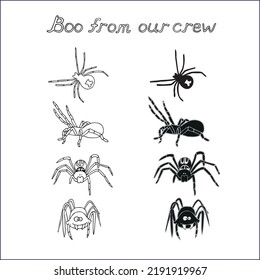 Helloween doodle set. Collection of helloween hand-drawn illustrations of spiders. Scary and funny helloween spiders.