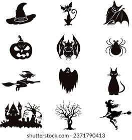 Helloween elements vector set, bat, pumpkin, witch etc design