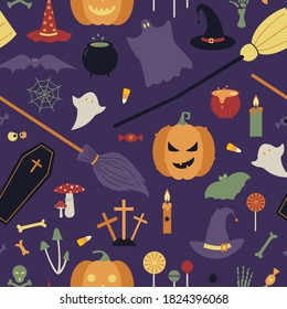 Helloween Flat Dark Seamless Pattern. Pumpkin, ghost, spider, witch hat, mushrooms and candles.