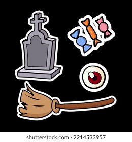 Helloween flat stickers with grave, candy, eye and broom