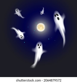 Helloween ghosts flying under the full Moon in the night. Vector illustration. Graphic design.