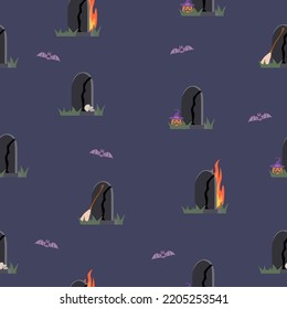 Helloween Graveyard Set. Seamless pattern illustration. Pumpkin. Skull. Bat. Flame. Headstone Wallpaper element Random square pattern