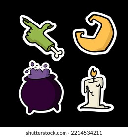 Helloween hand drown stickers with hand, moon, posion and candle